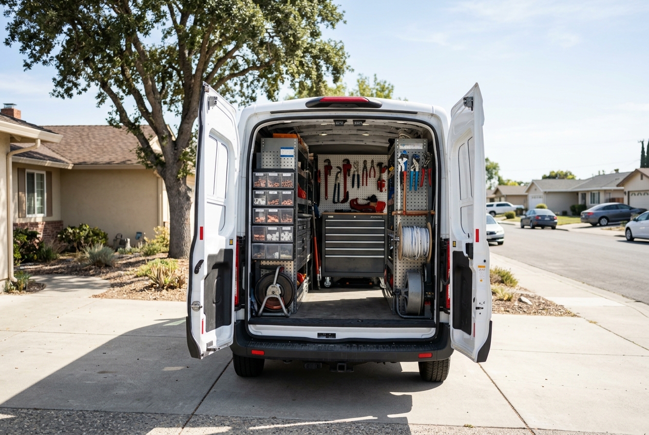 Stocked service vehicle ready for dispatch to a Hollister job
