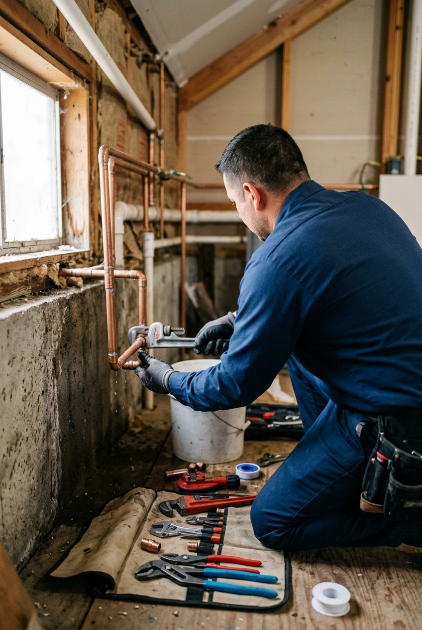 Licensed plumber at work on a Hollister service call